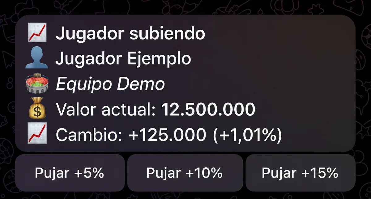 Mensaje de Telegram con un jugador de Futmondo y botones para aumentar la puja