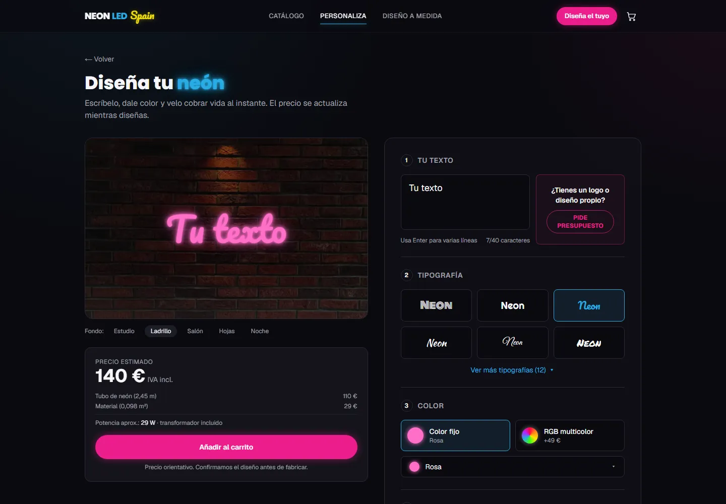 Configurador de Neon Led Spain con previsualización, opciones y precio estimado